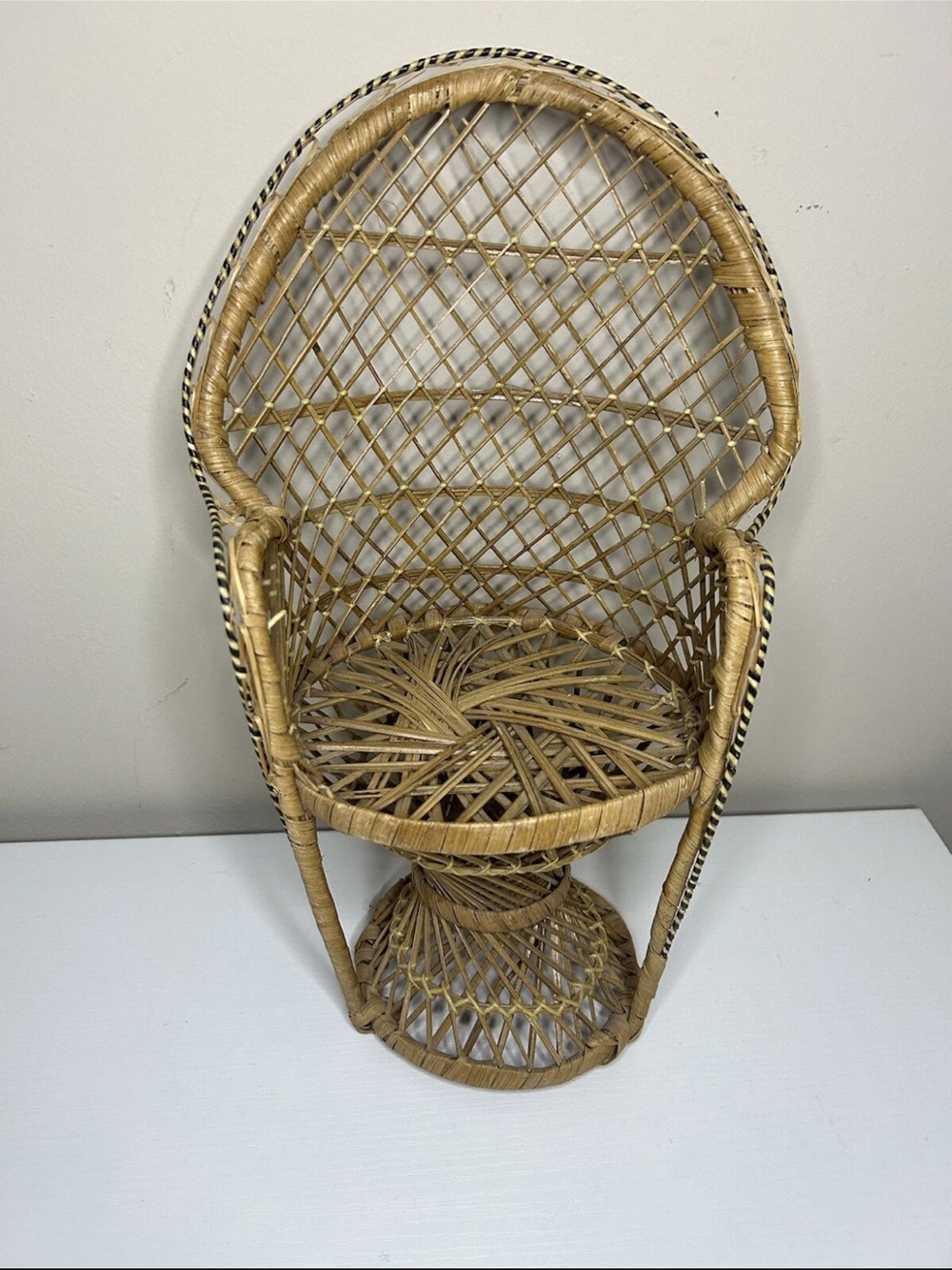 Vintage Wicker Peacock Chair MCM Fan Back Rattan Doll Plant Seat Stand Boho Chic